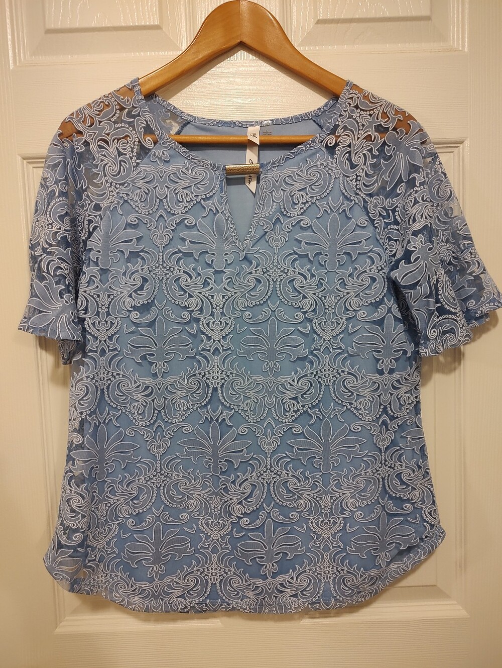 Women’s Light Blue Lace Overlay Keyhole Top